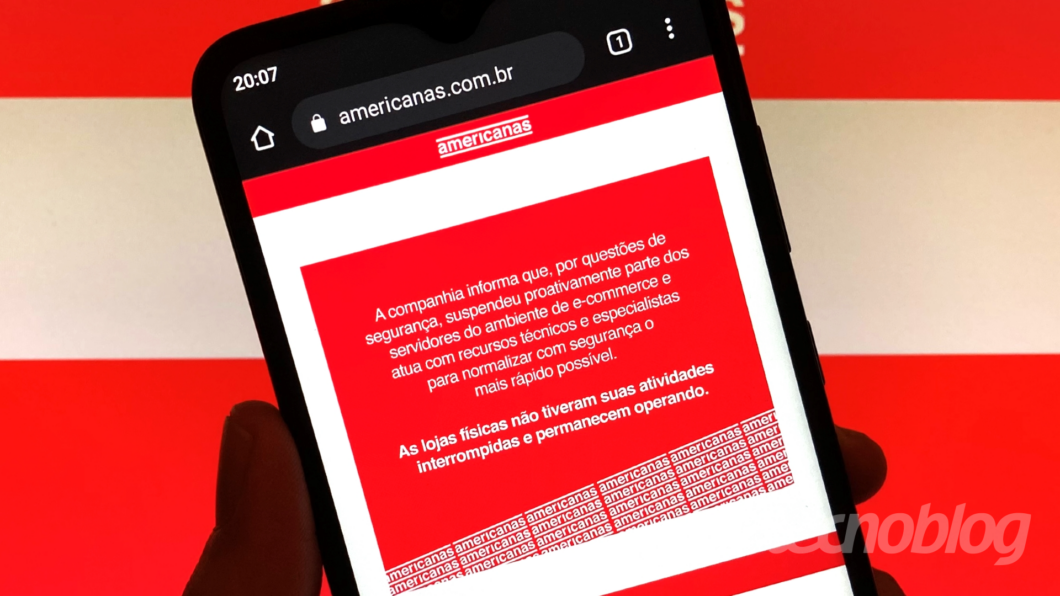 Site da Americanas exibiu aviso de manutenção durante apagão das lojas virtuais (Imagem: Giovanni Santa Rosa/Tecnoblog)