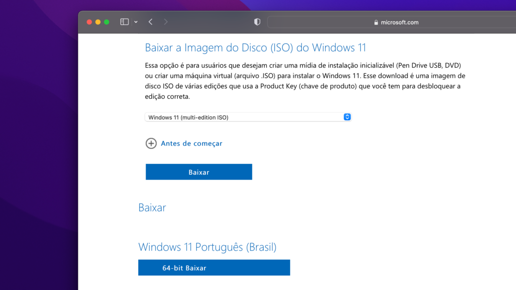 Site da Microsoft para baixar imagem ISO do Windows 11