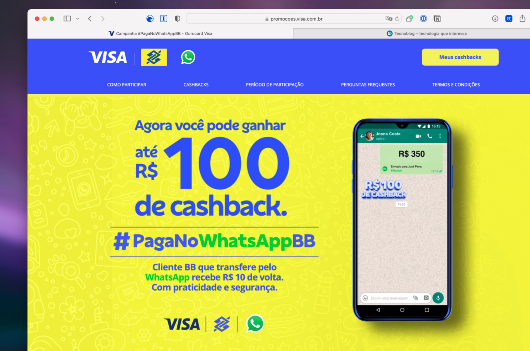 Promoção do BB e da Visa oferece até R$ 100 de cashback em pagamentos pelo WhatsApp (Imagem: Reprodução/Tecnoblog)