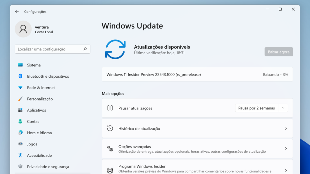Windows Update no Windows 11 baixando versão do programa Insider