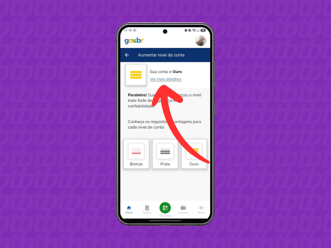 Tela do app gov.br mostrando “Aumentar nível da conta” e o botão “Ver mais detalhes” para Ouro (imagem: Lupa Charleaux/Tecnoblog)