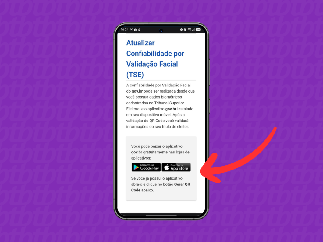 Tela do app Gov.br exibindo “Atualizar” e “Confiabilidade por Validação Facial (TSE)” para seguir a verificação