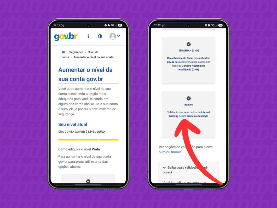 Telas do app gov.br mostrando opções de verificação para aumentar o nível (bancos credenciados e reconhecimento facial)