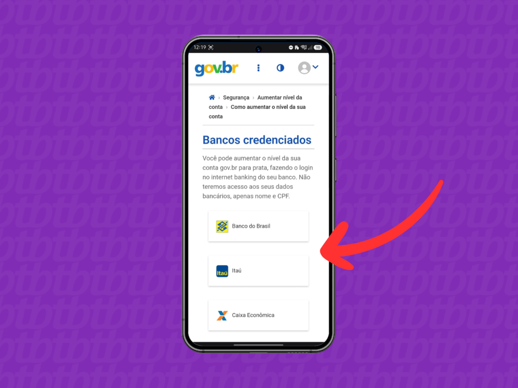 Abrindo a opção “Bancos credenciados” no app gov.br, com o Banco do Brasil selecionado (para aumentar o nível Prata)