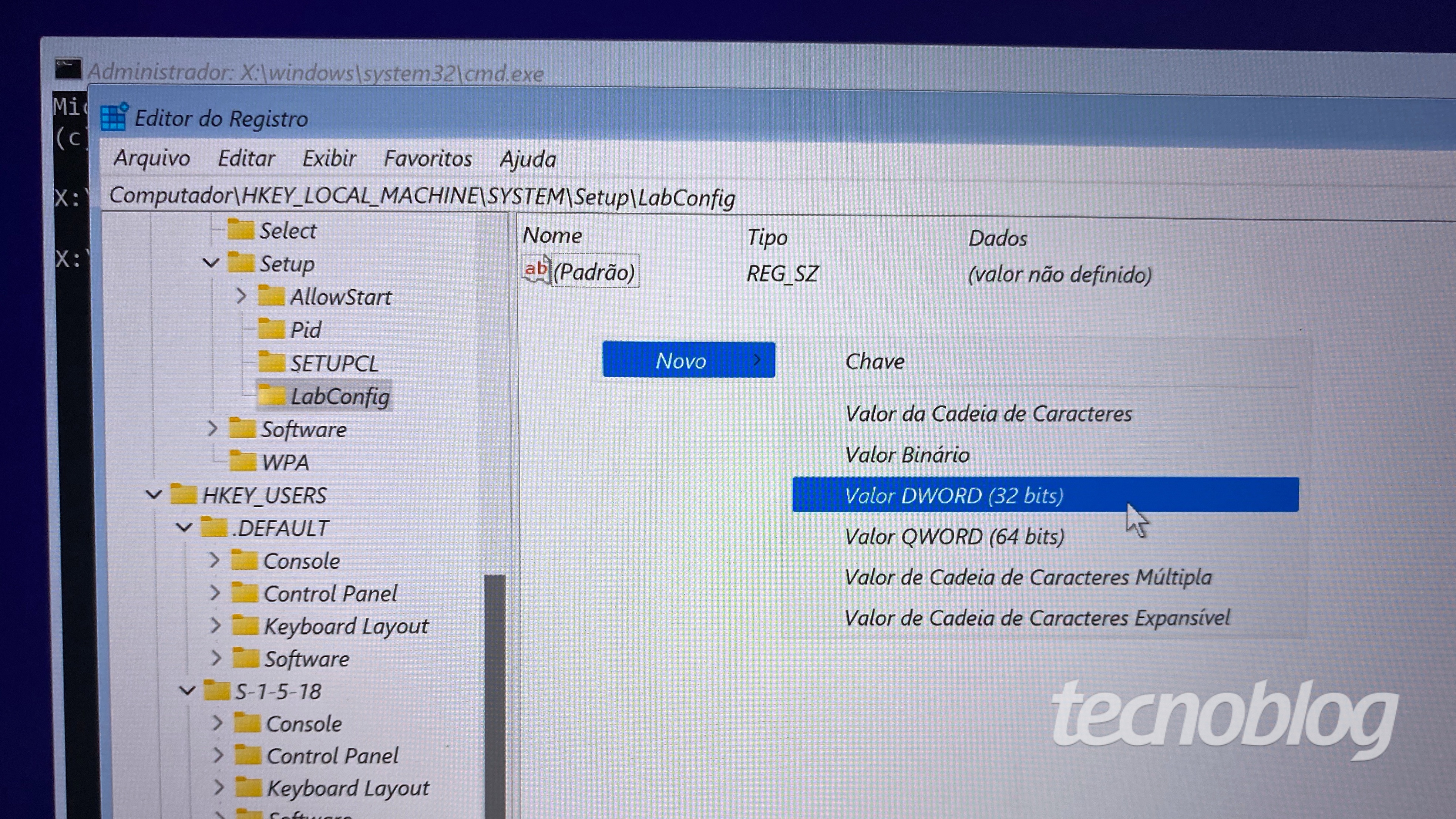 Criar valores em chave no registro para poder instalar Windows 11