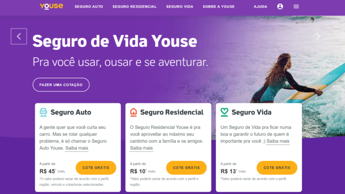 Youse oferece Seguro Auto, Seguro Residencial e Seguro Vida. (Imagem: reprodução/Youse)