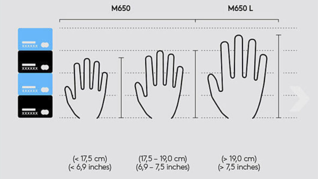 Logitech Signature M650: compare as medidas de mãos para cada modelo (Imagem: Reprodução/Logitech)