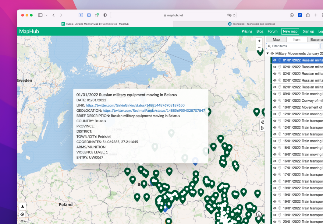 Mapa mostra detalhes de movimentações, imagens de satélites e afins do exército da Rússia dentro e nos arredores da Ucrânia (Imagem: Reprodução/Tecnoblog)