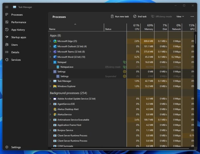 Modo de eficiência no Windows 11 (imagem: reprodução/Microsoft)