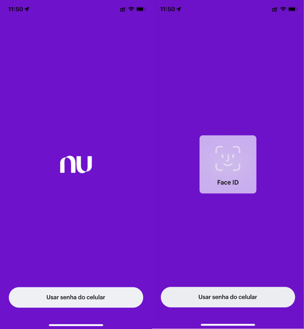 Nubank pede senha ou biometria para liberar acesso às informações do app (Imagem: Reprodução/Tecnoblog)