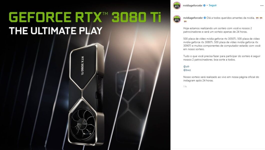 Sorteio falso de 1500 GPUs RTX promovido pelos hackers (Imagem: Reprodução/ Instagram)
