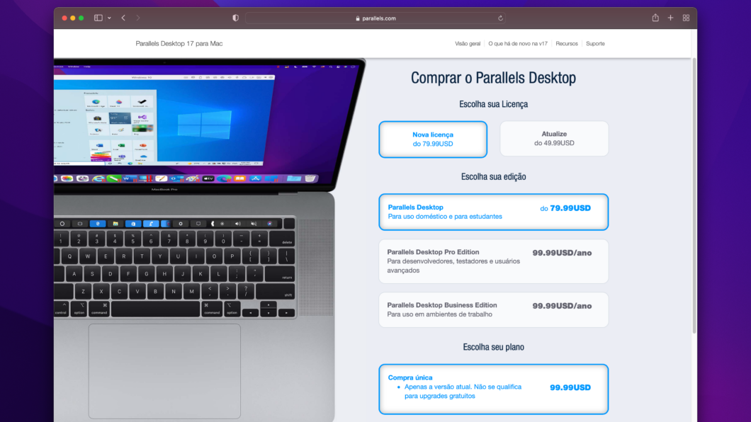 Site da Parallels com preço a pagar de US$ 99,99