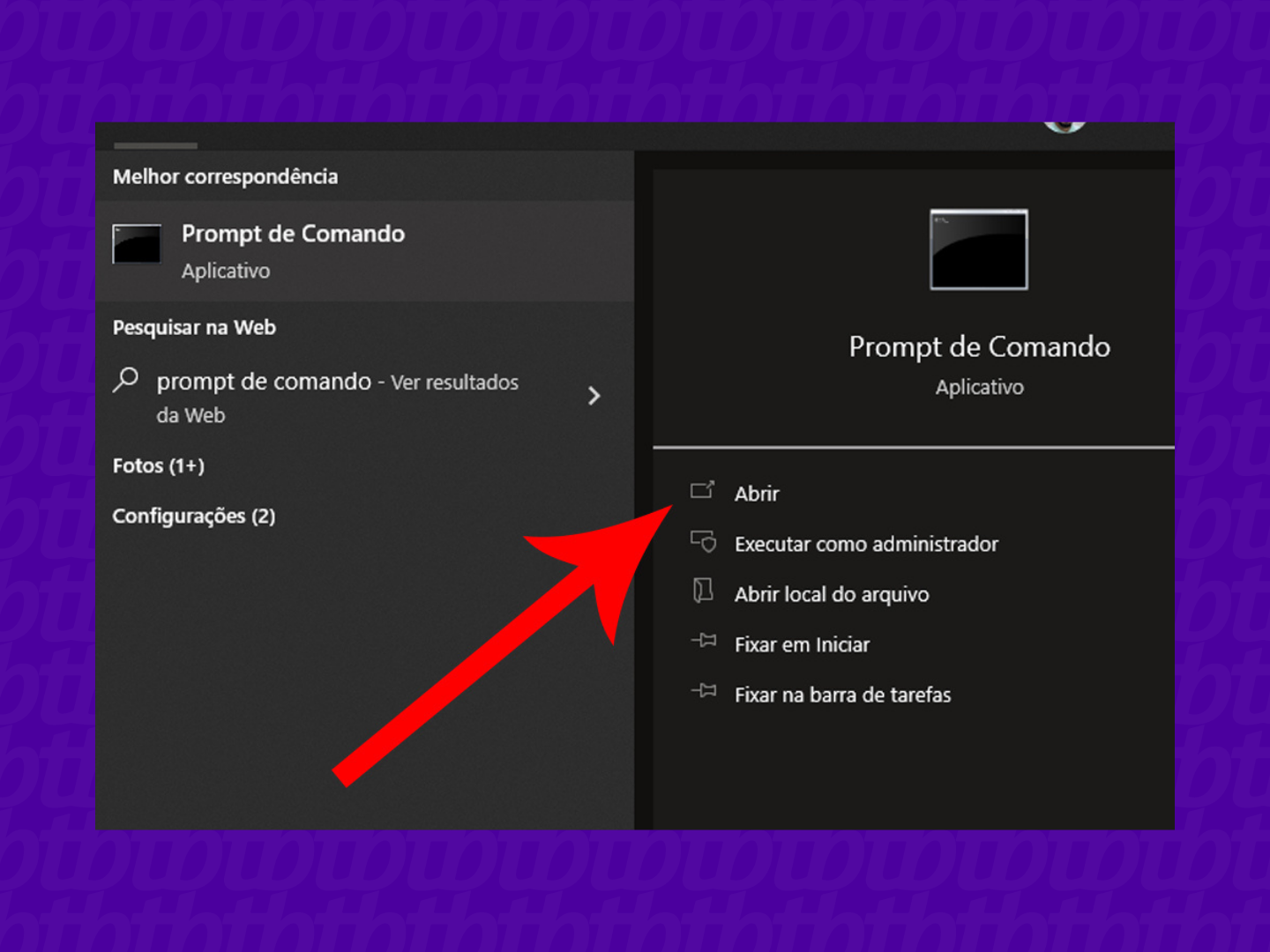 Clique no ícone do prompt ou na opção "Abrir" no menu lateral direito (Imagem: Reprodução/Windows 10)