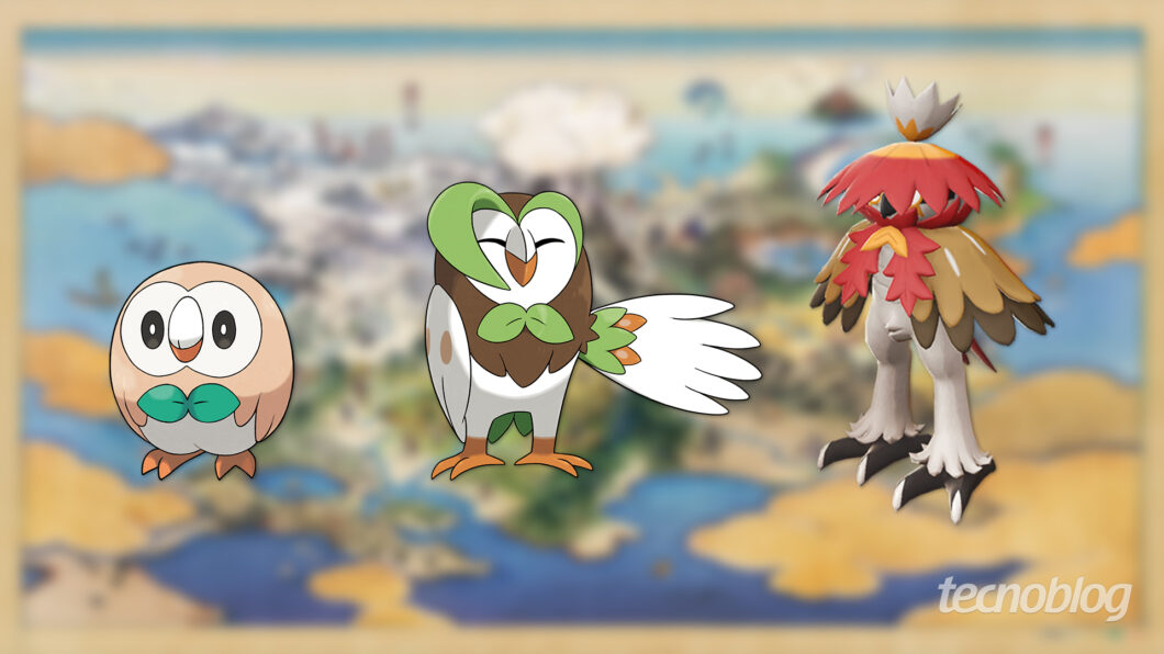 Rowlet, Dartrix e Hisuian Decidueye, em Pokémon Legends: Arceus (Imagem: Murilo Tunholi/Tecnoblog)