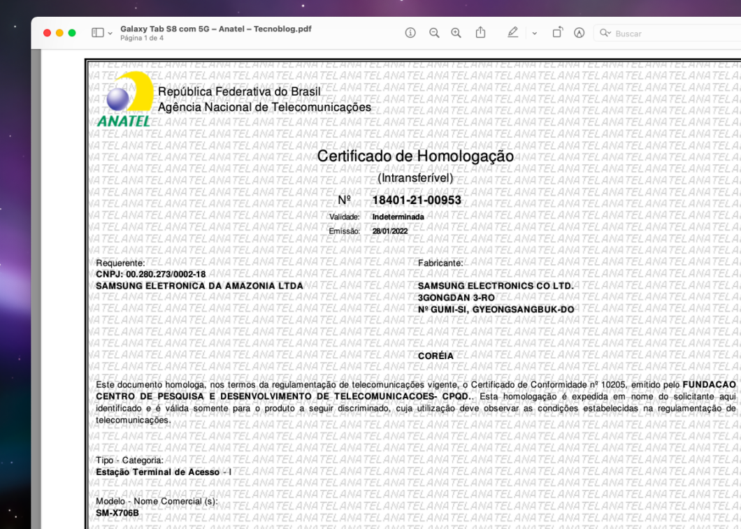 Certificado de homologação do suposto Galaxy Tab S8 (Imagem: Reprodução/Tecnoblog)