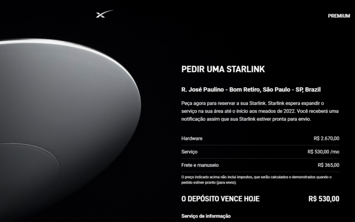 Página da Starlink já revela preços para o Brasil (Imagem: Reprodução)