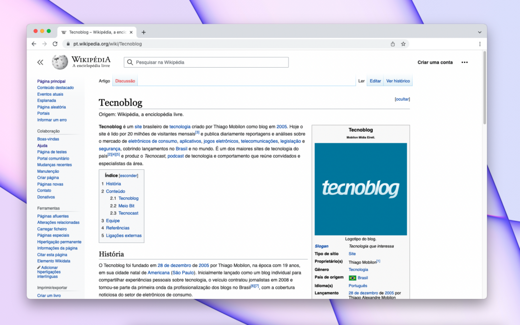 Página do Tecnoblog no Wikipédia (Imagem: Lucas Lima/Tecnoblog)