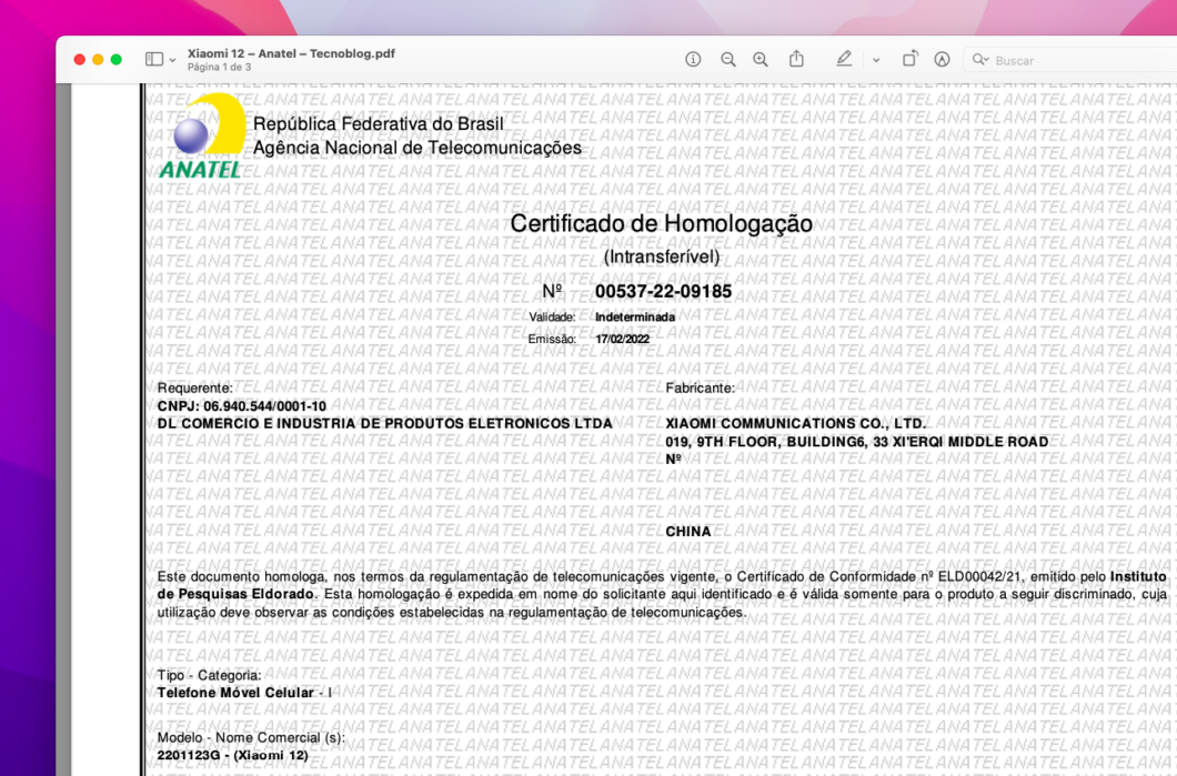 Certificado de homologação do <a href='https://meuspy.com/tag/Xiaomi-espiao'>Xiaomi</a> 12 (Imagem: Reprodução/Tecnoblog)