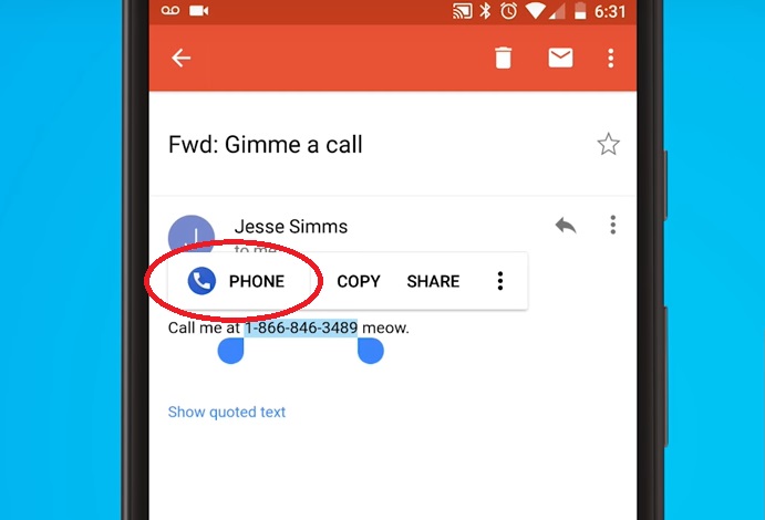 Seleção de texto inteligente no Andoid sugere app ao selecionar um número de telefone (Imagem: Divulgação/ Ting Mobile)