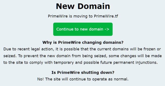 Aviso de mudança de domínio do PrimeWire (Imagem: Reprodução)