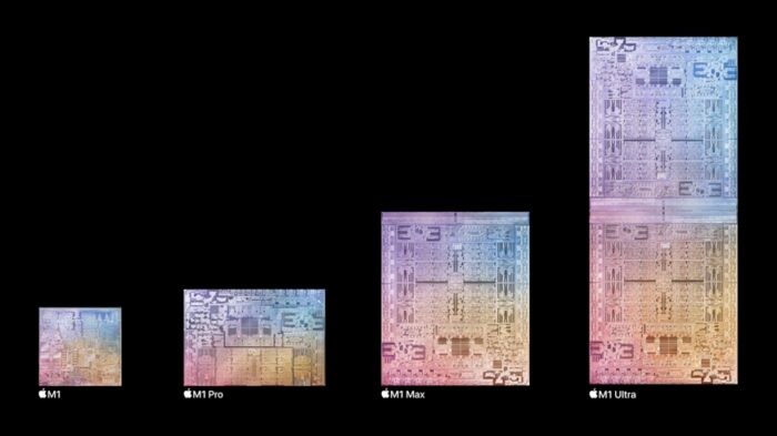 M1 Ultra ao lado dos demais chips da linha (imagem: divulgação/Apple)