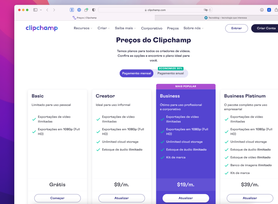 Clipchamp atualizou sua página de preços e recursos (Imagem: Reprodução/Tecnoblog)