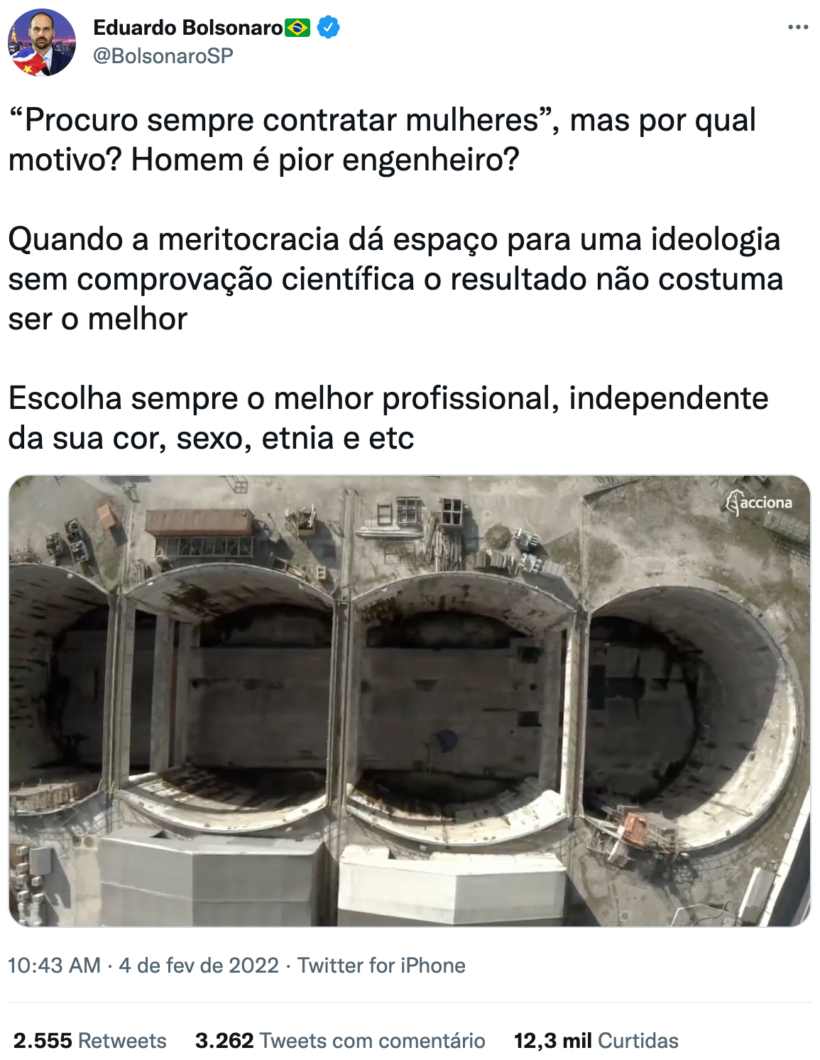 Tweet de Eduardo Bolsonaro: “Procuro sempre contratar mulheres”, mas por qual motivo? Homem é pior engenheiro?