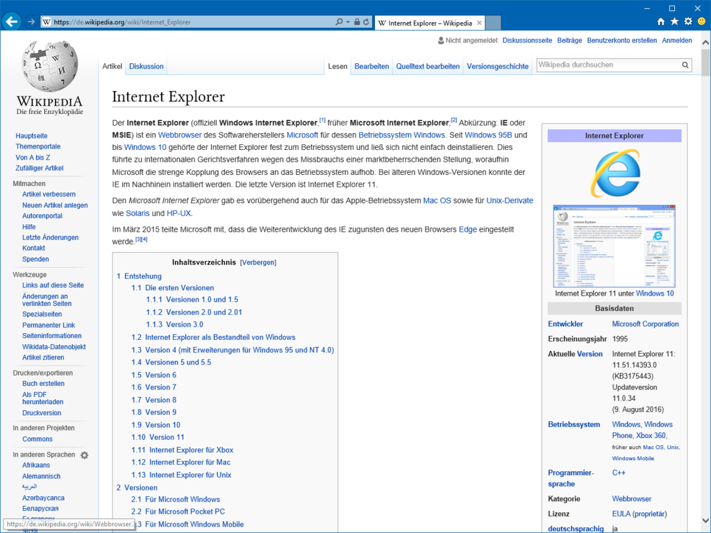 Internet Explorer 11 no Windows 10 (Imagem: Reprodução/WikiMedia Commons)
