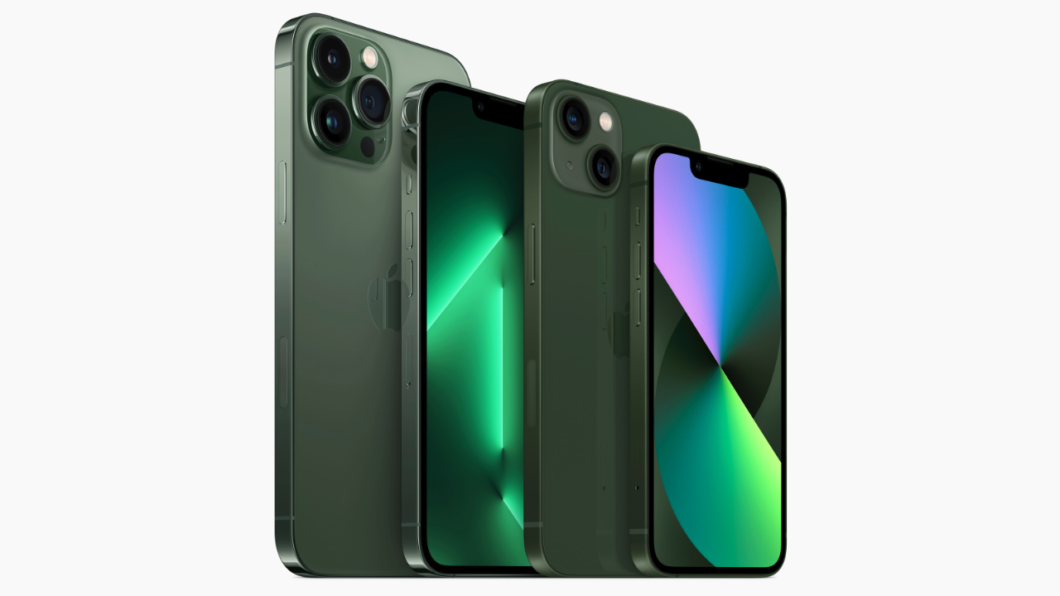 iPhone 13 Pro Max, 13 Pro, 13 e 13 Mini na cor verde-alpino