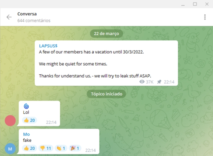 Lapsus$ anuncia férias (imagem: Telegram/Lapsus$)