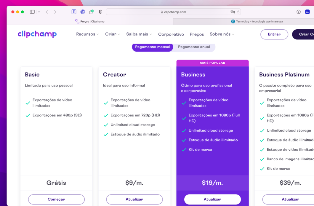 Planos do Clipchamp custam a partir de US$ 9 ao mês (Imagem: Reprodução/Tecnoblog)