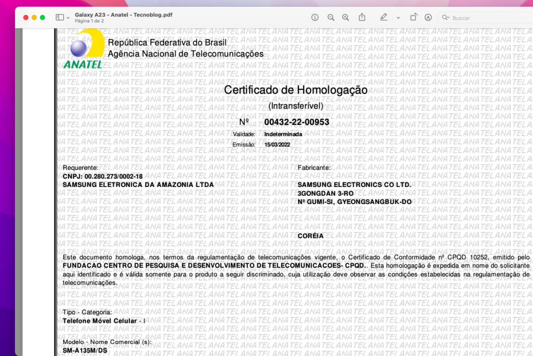 Certificado de homologação do Galaxy A13 (Imagem: Reprodução/Tecnoblog)