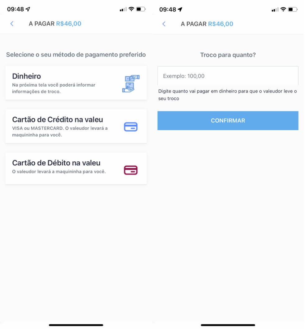 Valeu, app de entrega da Prefeitura do Rio de Janeiro, tem três opções de pagamento (Imagem: Reprodução/Tecnoblog)