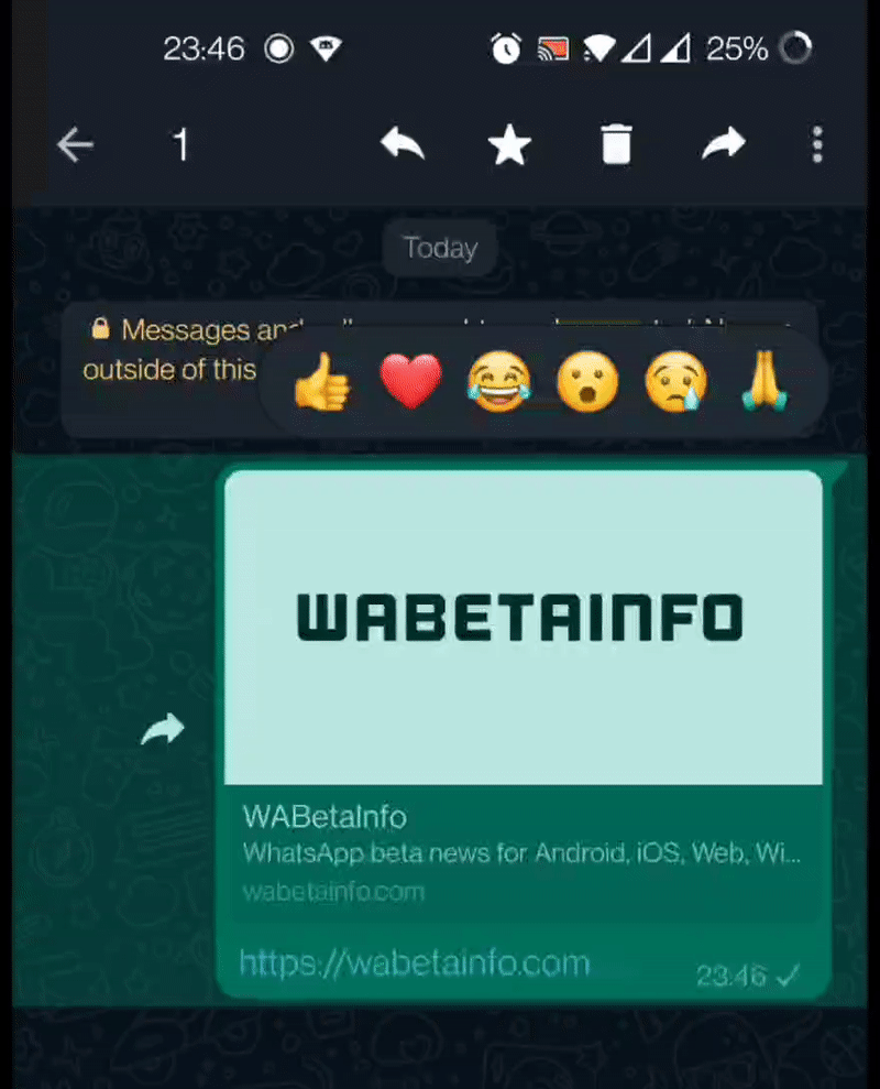 Reações com emojis em mensagens no WhatsApp Beta para Android (Imagem: Reprodução/WABetaInfo)