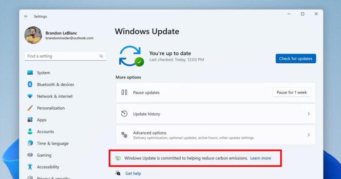 "O Windows Update está comprometido em ajudar a reduzir emissões de carbono" (Imagem: Divulgação/ Microsoft)