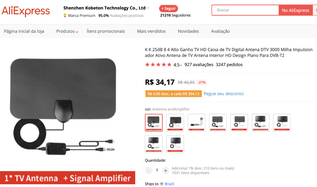 Antena idêntica custa menos de R$ 40 no AliExpress