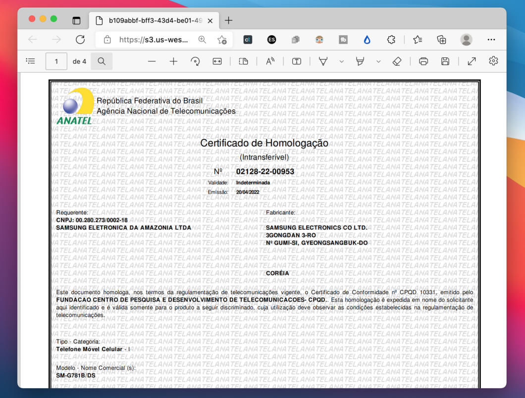 Certificado de homologação do Galaxy S20 FE 5G (Imagem: Reprodução/Tecnoblog)
