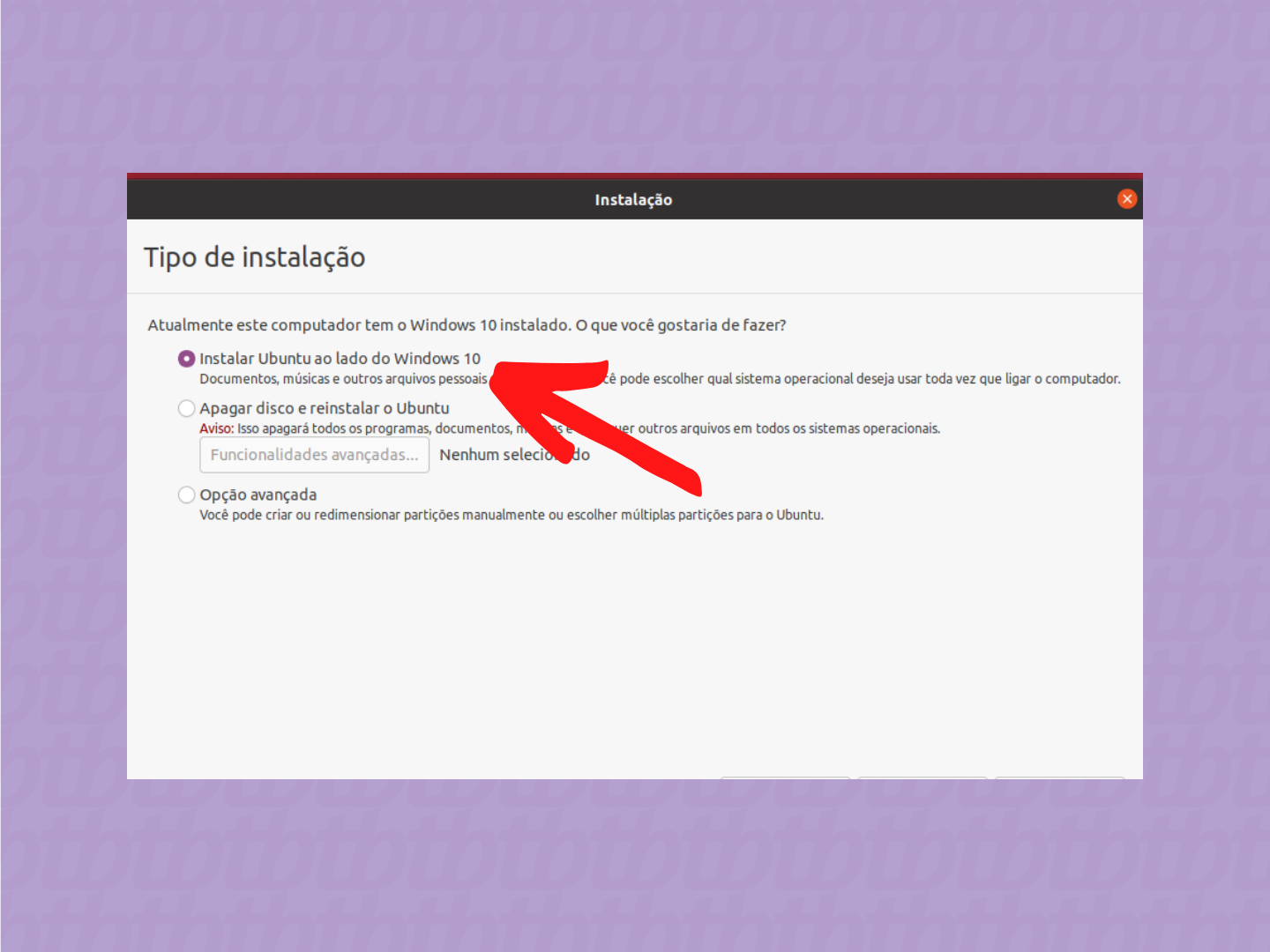 Tela de instalação do Ubuntu