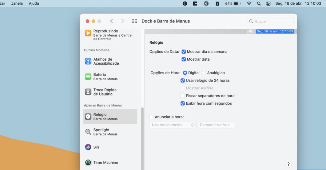 macOS has native option to display seconds in menu bar clock (Image: Playback/Tecnoblog)