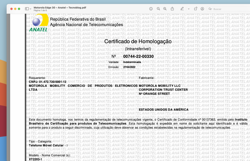 Certificado de homologação do Motorola Edge 30 (Imagem: Reprodução/Tecnoblog)