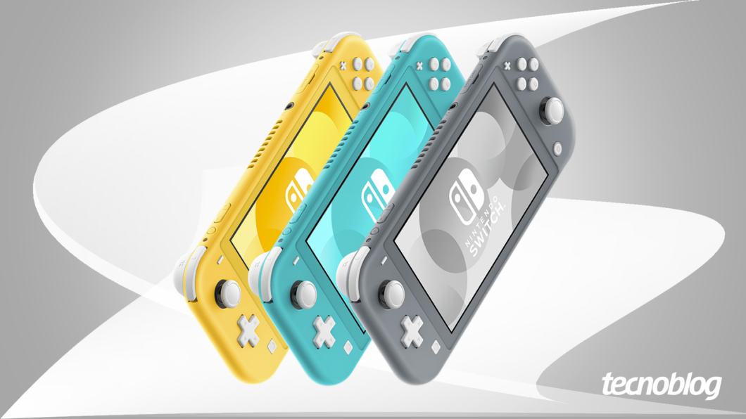 Nintendo Switch Lite exibido nas cores amarelo, azul e cinza