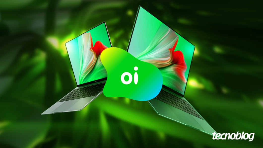 Oi logo in front of notebooks