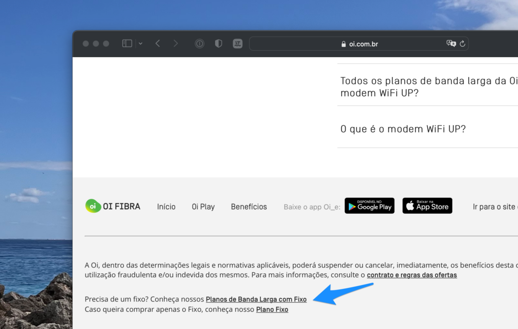 Oi Fibra plan with landline is now hidden in the footer of the site
