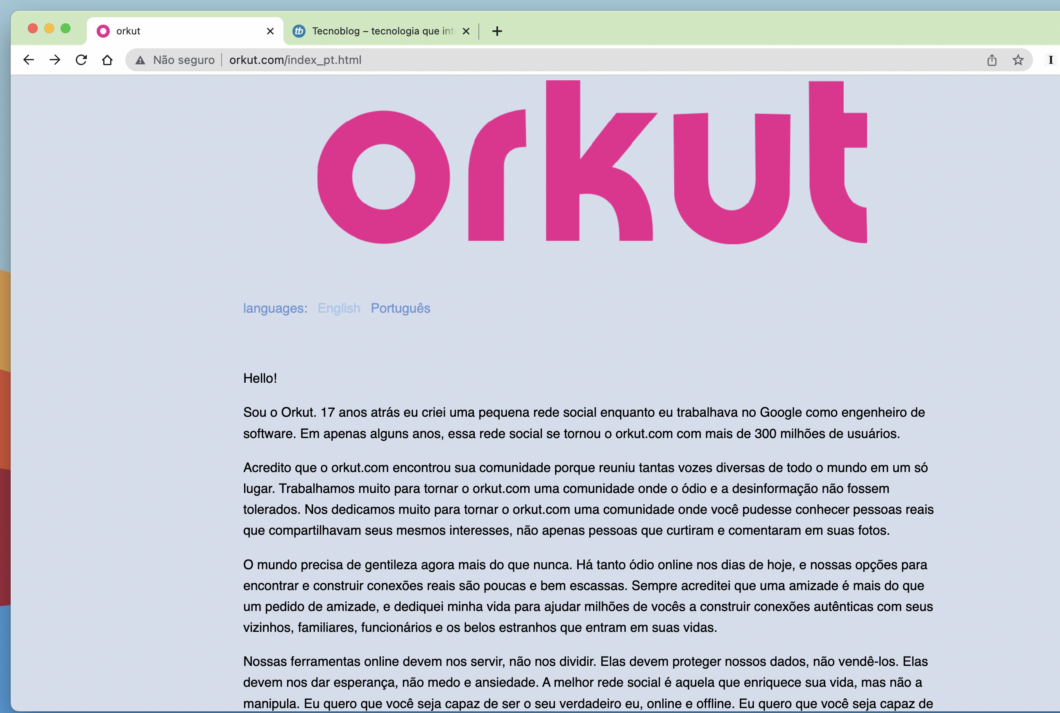 Site do Orkut é atualizado depois de quase cinco anos (Imagem: Reprodução/Tecnoblog)