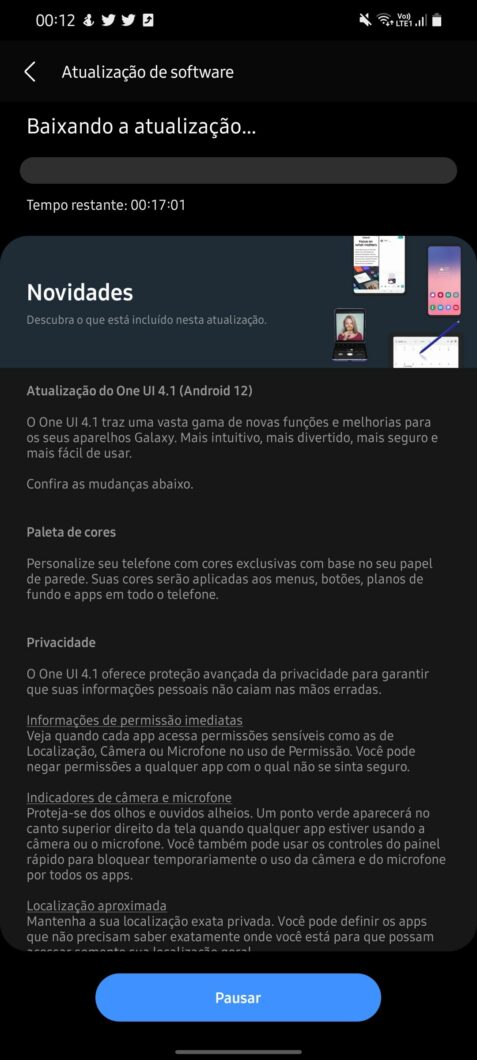 Atualização do Android 12 para o Galaxy M62 (Imagem: Reprodução/Samsung Members)
