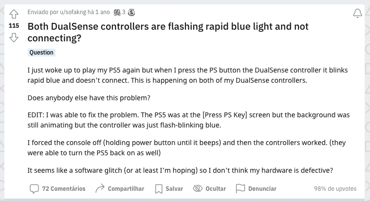 Captura de tela do tópico no Reddit sobre o problema do controle do PS5