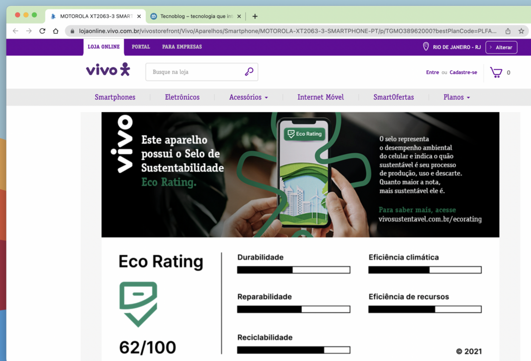 Eco rating do Motorola Edge na loja virtual da Vivo (Imagem: Reprodução/Tecnoblog)