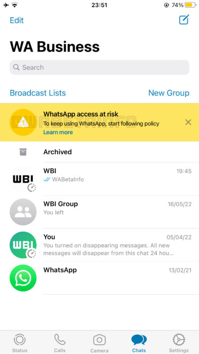 Captura de tela do possível recurso para avisar se o usuário está violando a política de uso do WhatsApp Business