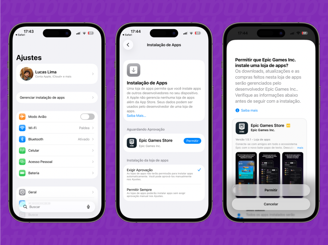 captura de tela do processo para baixar fortnite no iPhone usando a Epic Games Store como loja de apps alternativa