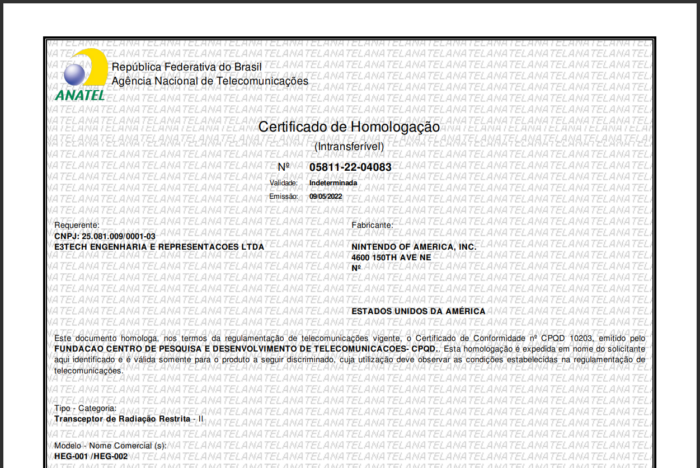 Certificado de homologação do Nintendo Switch OLED na Anatel (Imagem: Reprodução/Tecnoblog)